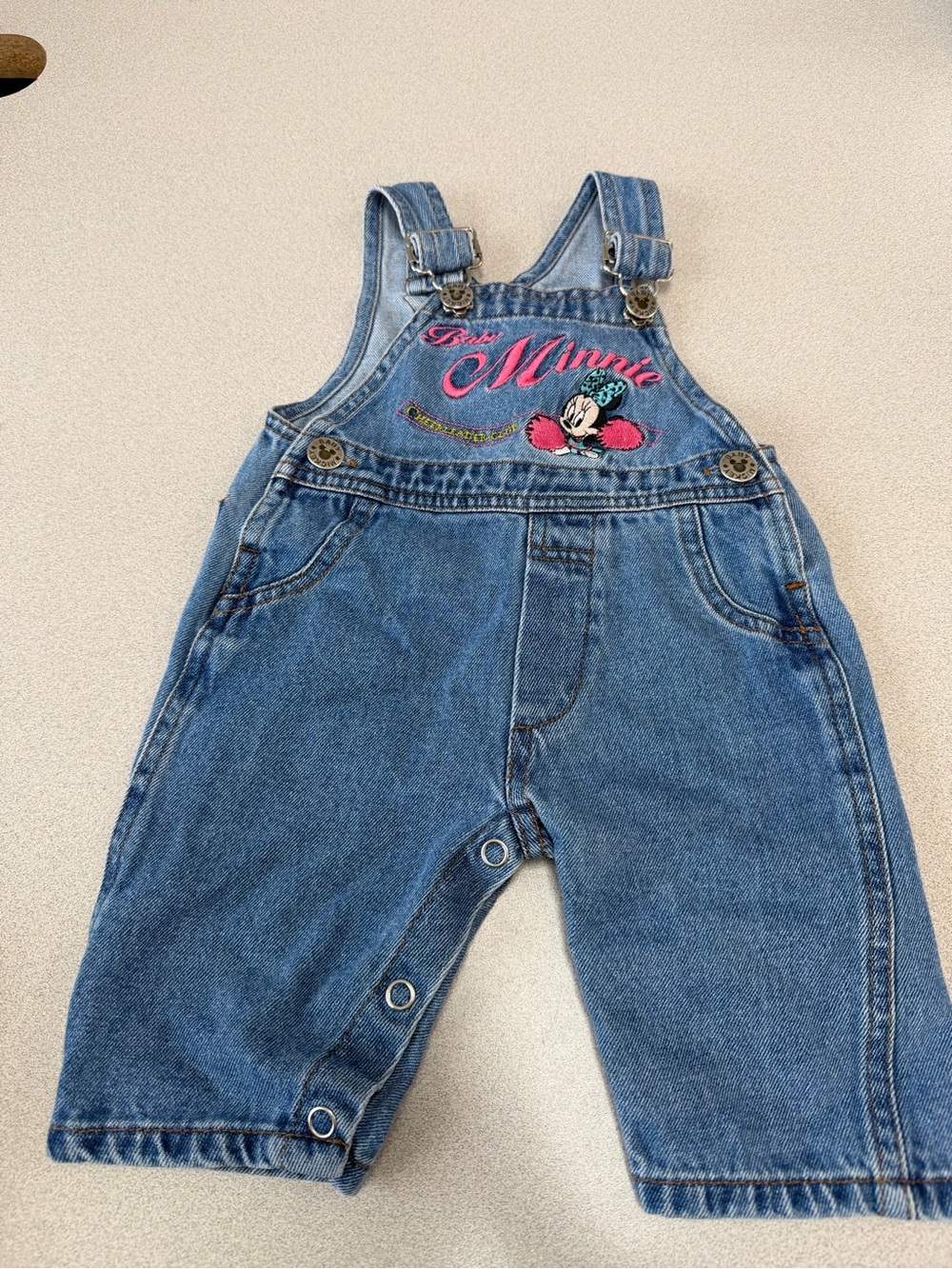 Vintage Disney Baby Minnie Mouse Cheerleader Denim Overalls Romper 0-6M